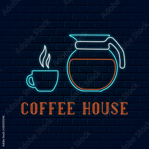 Glowing neon sign with coffee cup and pot. Vector isolated illustration. Icon for cafe background. Led luminous sign for coffee house signboard.