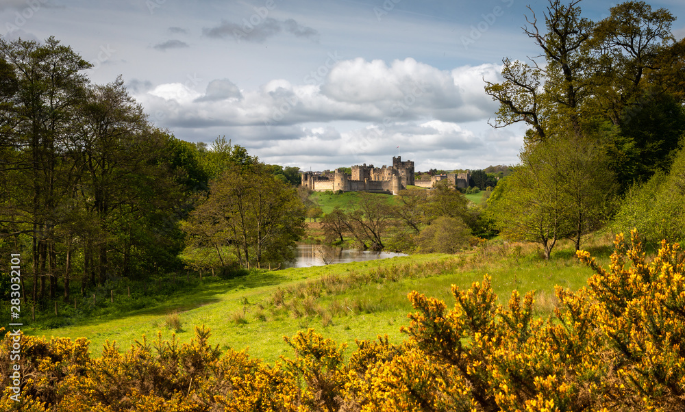 Obraz premium View of Alnwick Castle in Northumberland taken in the spring.
