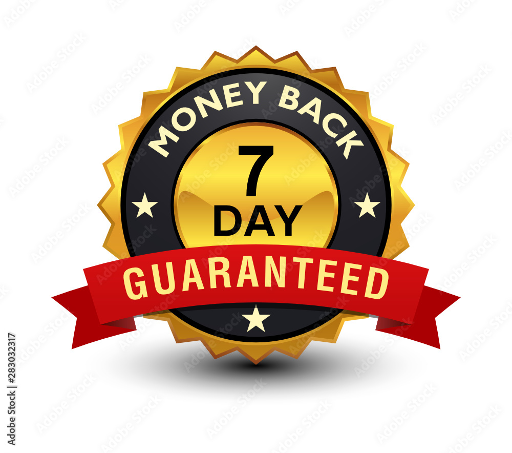 Powerful, high quality, reliable 7 day money back guaranteed golden badge, sign, illustration, label, seal with red ribbon, on white background.