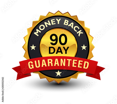 Powerful, high quality, reliable 90 day money back guaranteed golden badge, sign, illustration, label, seal with red ribbon, on white background.