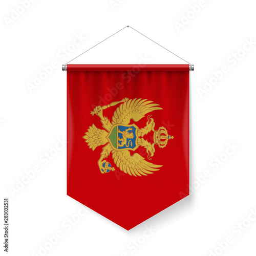 Vertical Pennant Flag of Montenegroas Icon on White with Shadow Effects. Patriotic Sign in Official Color and Flower Montenegrin Flag with Metallic Poles Hanging on the Rope.