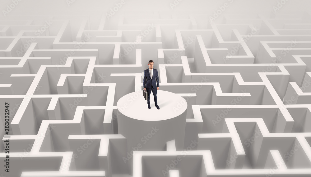 Businessman standing on the top a maze and looking through Businessman standing on the top a maze and looking through