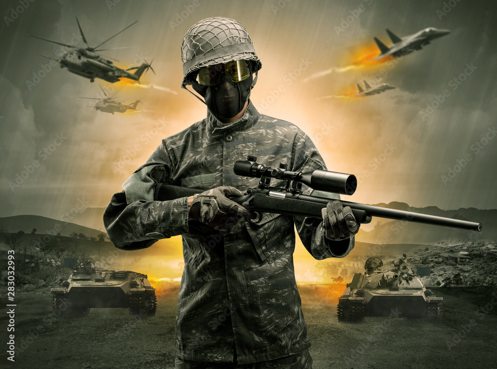 Armed soldier with sniper in the middle of a war Armed soldier with sniper in the middle of a war