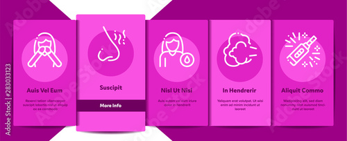 Symptomps Of Pregnancy Vector Onboarding Mobile App Page Screen. Fatigue And Nausea, Food Aversion And Frequent Urination, Constipation And Faintness Symptomps Of Pregnancy Pictograms. Illustrations