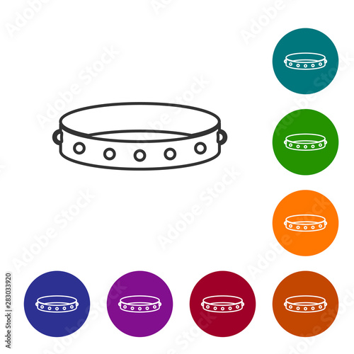 Grey line Leather fetish collar with metal spikes on surface icon isolated on white background. Fetish accessory. Sex toy for men and woman. Set icon in color circle buttons. Vector Illustration