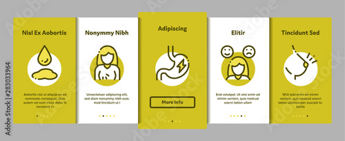 Symptomps Of Pregnancy Vector Onboarding Mobile App Page Screen. Fatigue And Nausea, Food Aversion And Frequent Urination, Constipation And Faintness Symptomps Of Pregnancy Pictograms. Illustrations
