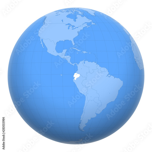 Ecuador on the globe. Earth centered at the location of the Republic of Ecuador. Map of Ecuador. Includes layer with capital cities.