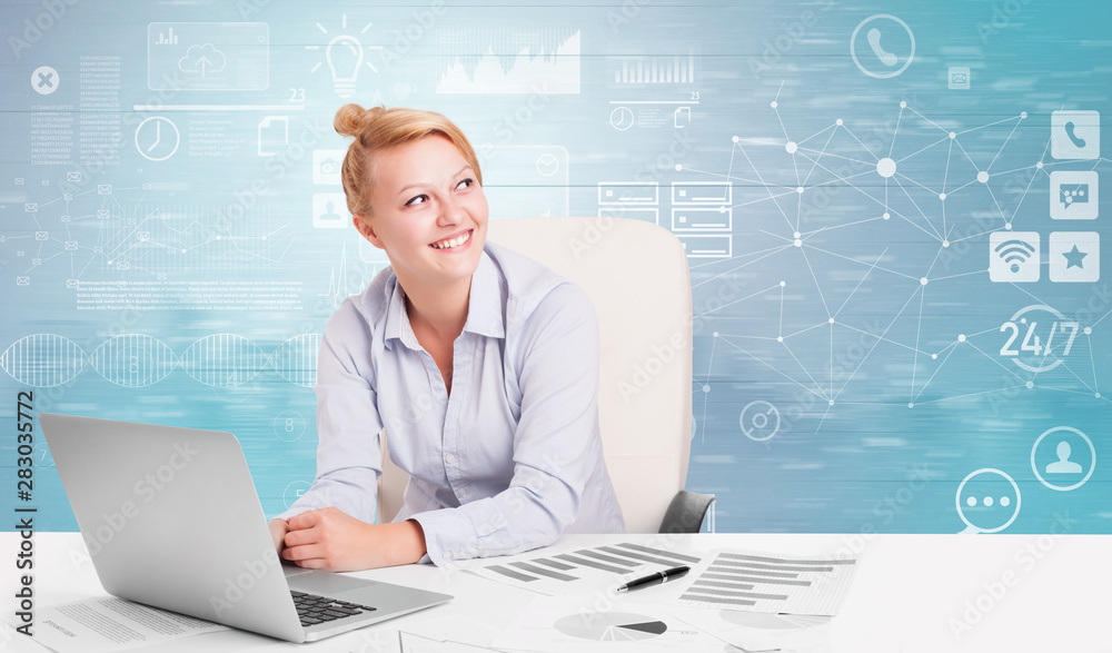 Business person at front desk with workflow concept