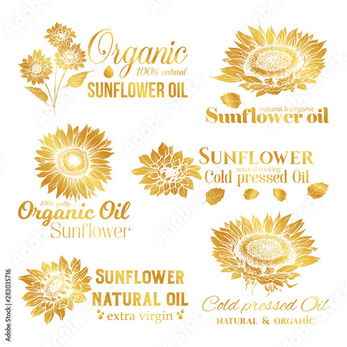 Golden Sunflower Oil Logos Set, Technology Wildflower Logo Templates for Brabding Identty. Gold Vector Isolated Flowers Hand Drawings with Lettering