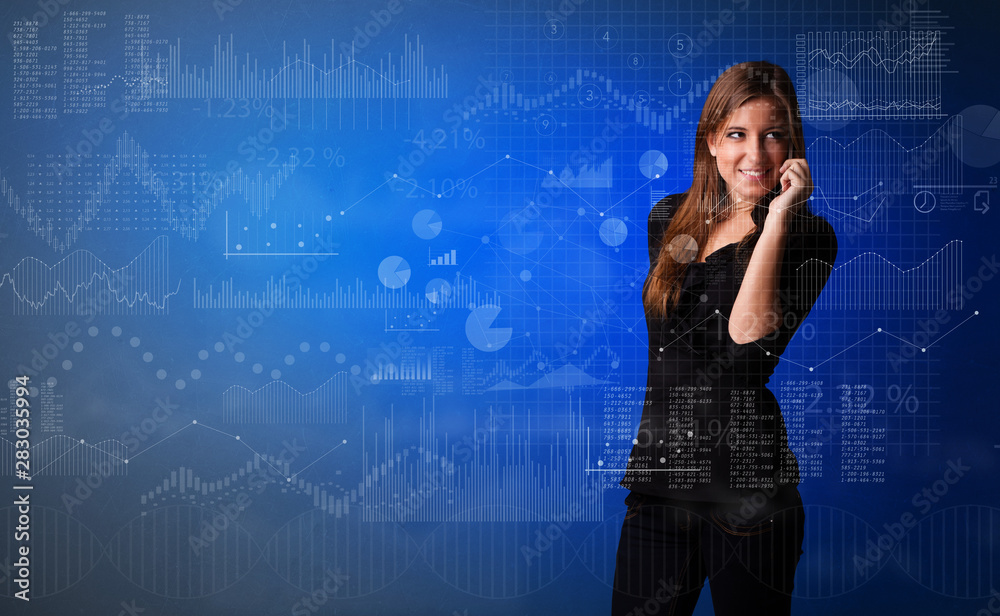 Young person talking on the phone with charts and reports in the foreground Young person talking on the phone with charts and reports in the foreground