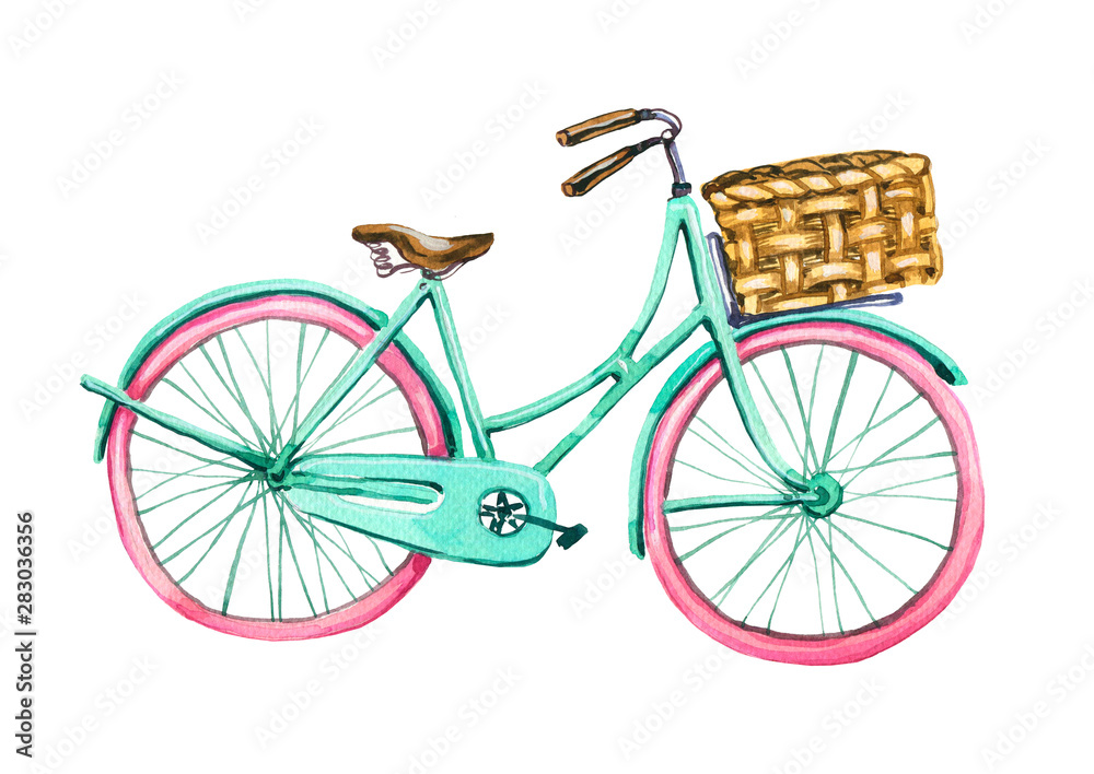 Watercolor bike. Element of greeting card. Tiffany color bicycle. Spring, travel, helth lifestyle.