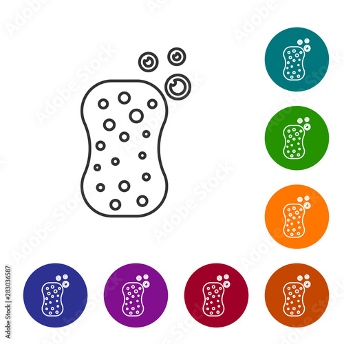 Grey line Sponge with bubbles icon isolated on white background. Wisp of bast for washing dishes. Cleaning service logo. Set icon in color circle buttons. Vector Illustration