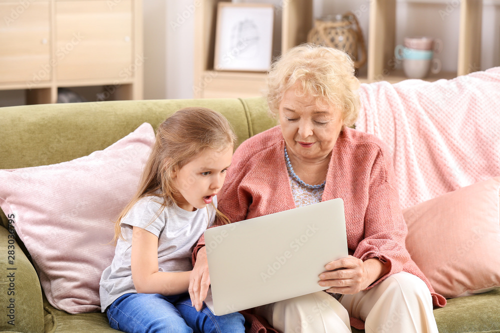 Cute little girl with grandmother using laptop at home