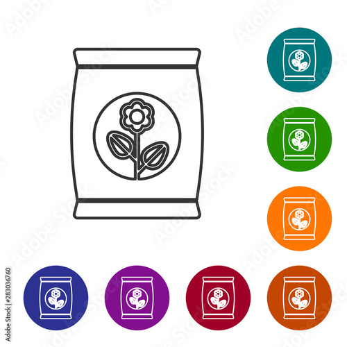 Grey line Fertilizer bag icon isolated on white background. Set icon in color circle buttons. Vector Illustration