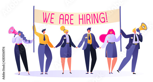 Friendly business people in search of a new employee at the vacant place. Recruitment concept, agency interview. Flat people characters invite to join their team. People holding hiring banner.  