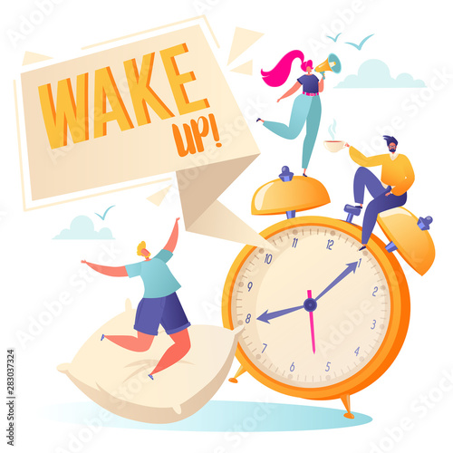 Concept of daily morning life. Morning wake up alarm and happy, flat, people characters rejoice at the beginning of a new day, they jumping and dancing, shouting into a megaphone and drinking coffee.