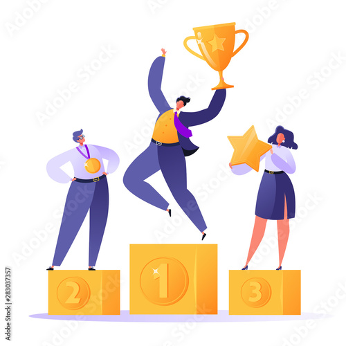 Happy business people standing on the winner podium with awards. Businessman with golden trophy cup. Teamwork, career, rich goal sucsess achievement theme with successful flat characters. 