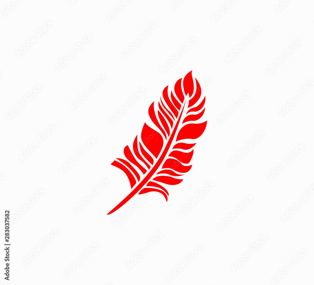 Red vector icon - feather close-up. Beautiful lightweight feather - stylish print