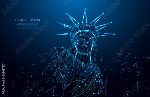 Statue of Liberty in New York City from particles, lines and triangles on blue background. Polygonal wireframe silhouette. Mesh art, poly low