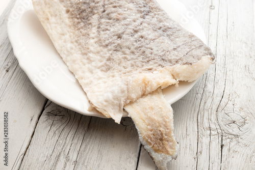 Slice of raw salted codfish