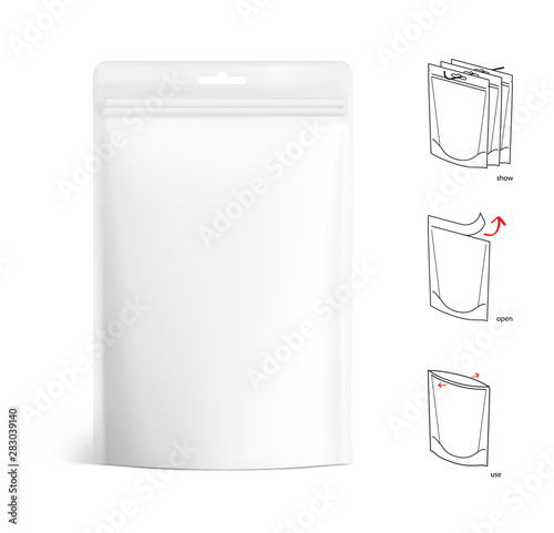 Food pouch bags isolated on white background with infographic. Vector illustration. Front view. Can be use for template your design, presentation, promo, ad. EPS10.	