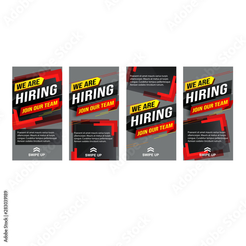 hiring recruitment Join now design set color banner poster. We are hiring lettering. Vector illustration typographic. Open vacancy design template modern concept Instagram story Insta stories Whatsapp