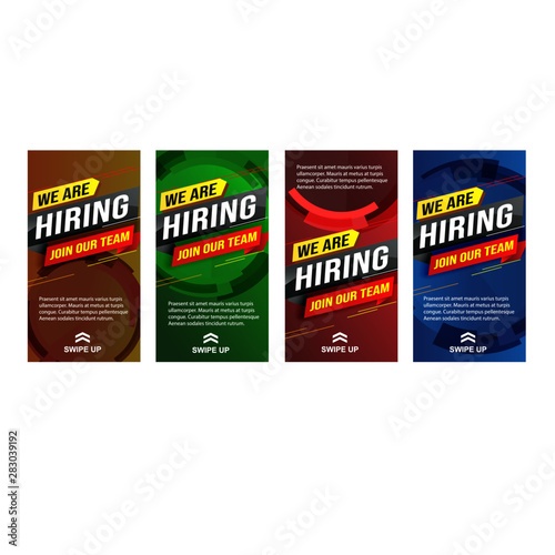 hiring recruitment Join now design set color banner poster. We are hiring lettering. Vector illustration typographic. Open vacancy design template modern concept Instagram story Insta stories Whatsapp