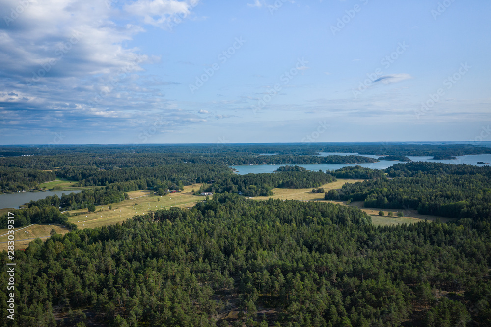 Aerial view of Ruissalo island. Turku. Finland. Nordic natural landscape. Photo made by drone from above.