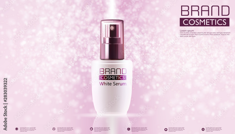 Cosmetic products on Pink and pink bokeh background With Advertising Background Ready To Use Luxury White Serum , illustration vector.