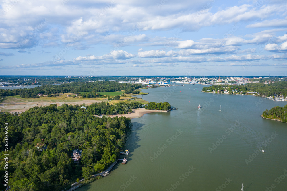 Aerial view of Ruissalo island. Turku. Finland. Nordic natural landscape. Photo made by drone from above.