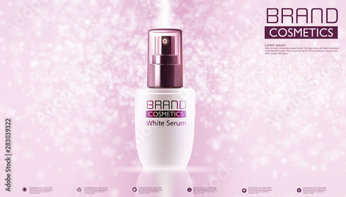 Cosmetic products on Pink and pink bokeh background With Advertising Background Ready To Use Luxury White Serum , illustration vector.