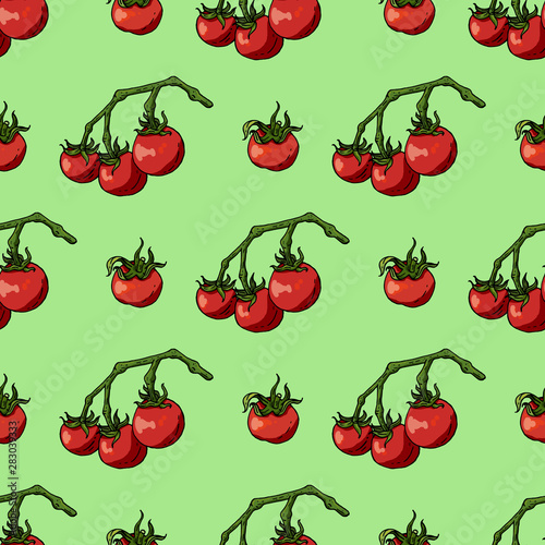 Seamless pattern with tomatoes. Endless pattern with fresh vegetables on light green background