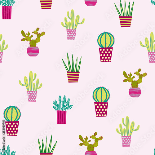 Cactus cacti succulents potted plants seamless repeat vector pattern