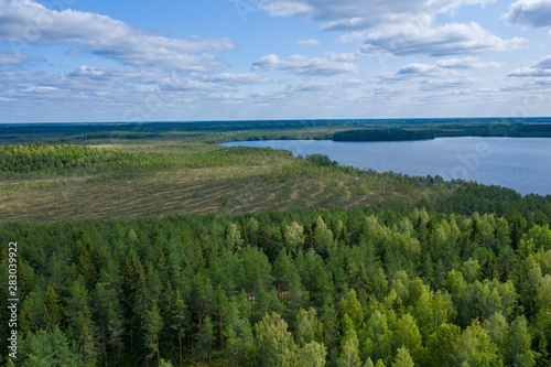 Aerial view of Kurjenrahka National Park. Turku. Finland. Nordic natural landscape. Scandinavian national park. Photo made by drone from above.