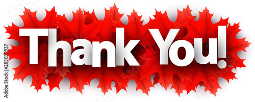Autumn thank you sign with red maple leaves.