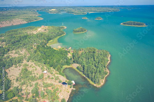 Aerial view of Aland Islands at summer time. Finland. The Archipelago. Photo made by drone from above. Nordic Natural Landscape.