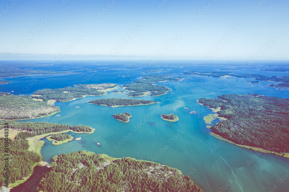 Aerial view of Aland Islands at summer time. Finland. The Archipelago. Photo made by drone from above. Nordic Natural Landscape.