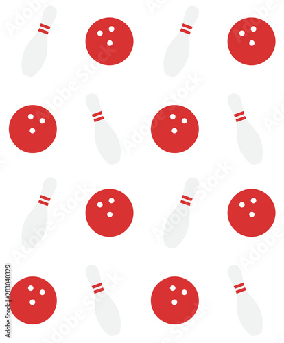 Vector seamless pattern of flat cartoon red bowling skittles and balls isolated on white background