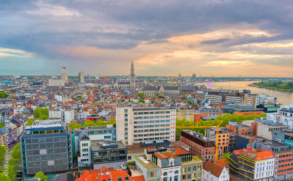An aerial view of Antwerp, Belgium at sunset.