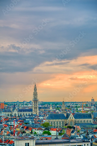 An aerial view of Antwerp, Belgium at sunset.