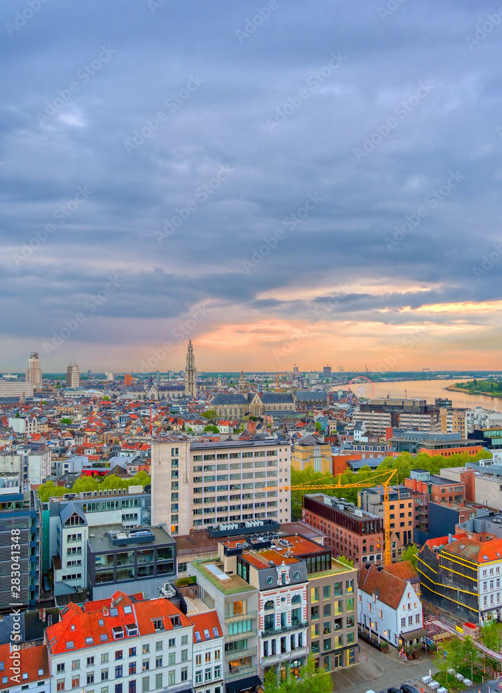 An aerial view of Antwerp, Belgium at sunset.