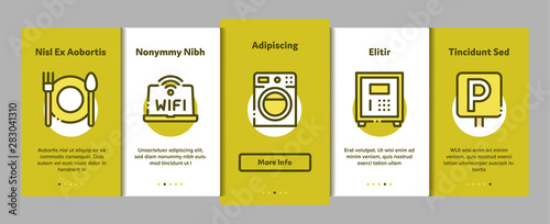 Collection Hostel Vector Onboarding Mobile App Page Screen. Building Hostel And Location, Calendar And Parking Symbol, Bed And Laundry Machine Linear Pictograms. Wifi Internet Illustrations