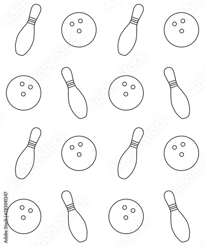 Vector seamless pattern of flat outline bowling skittles and balls isolated on white background