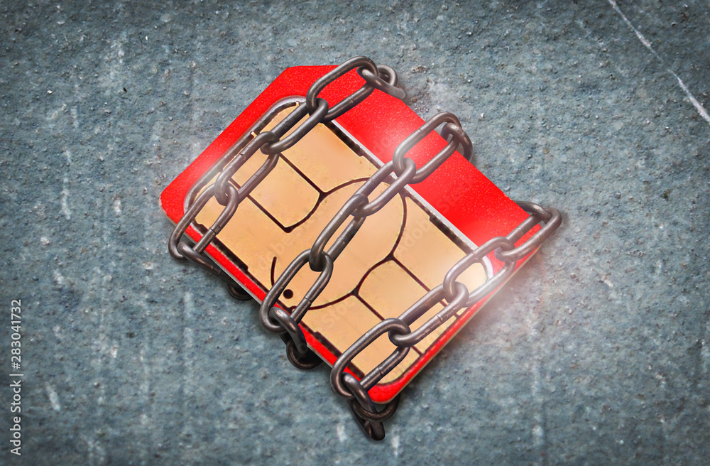 Blocked microchip concept: bank chip or sim card. Microchip coiled with ...