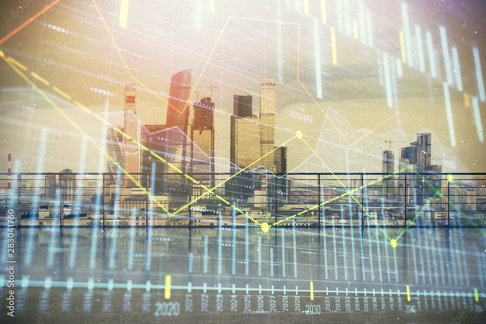 Obraz premium Forex graph hologram with city view from roof background. Double exposure. Financial analysis concept.