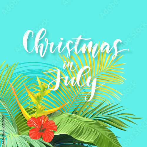 Christmas on the summer beach design with green palm leaves and tropical hibiscus flowers, vector illustration.
