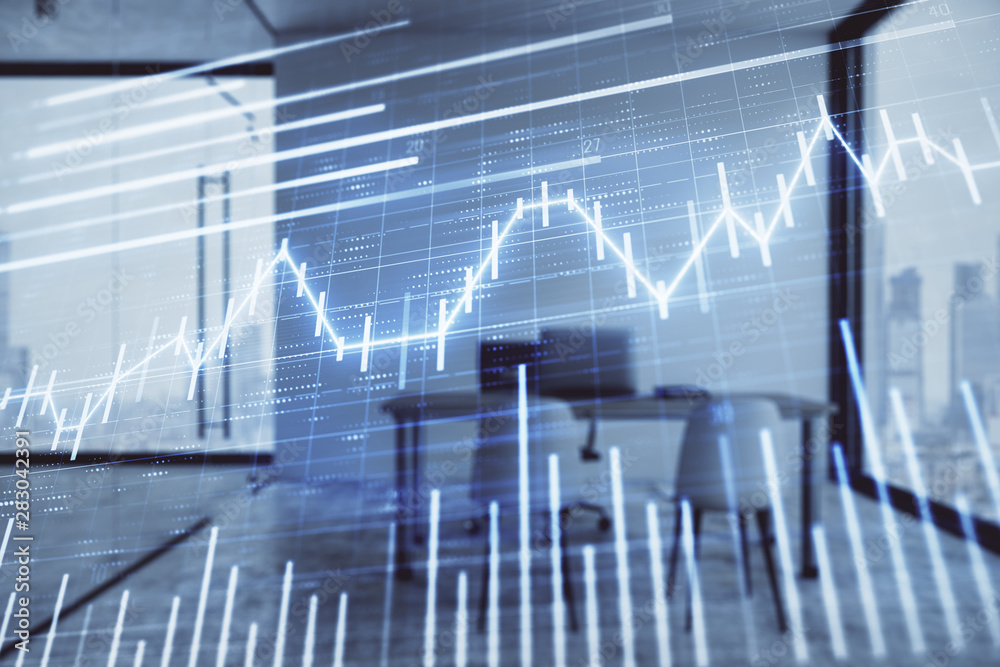 Forex chart hologram with minimalistic cabinet interior background. Double exposure. Stock market concept. Forex chart hologram with minimalistic cabinet interior background. Double exposure. Stock market concept.