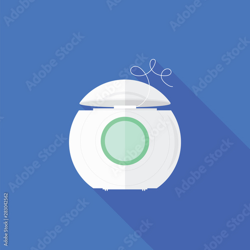 Dental Floss Icon on Blue Background. Tooth Care. White Plastic Box with Green Label for Flossing Teeth. Oral Hygiene Symbol. Medical String for Correctly Gentle Cleaning of Oral Cavity