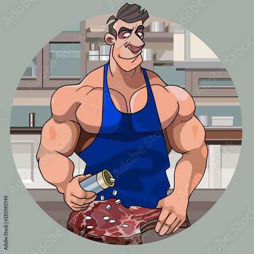 cartoon muscular bodybuilder man preparing meat with pills
