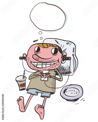 Funny man listening to music. Vector illustration